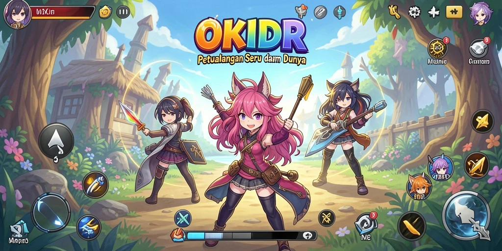 Tampilan gameplay seru dari OKIDR yang menampilkan aksi karakter anime.