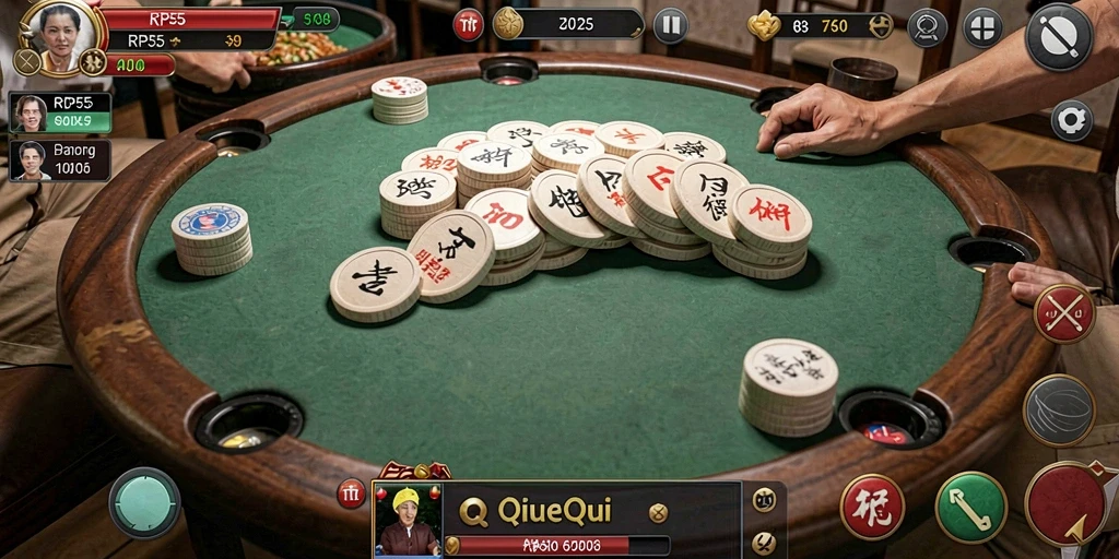 Screenshot utama RP55 menampilkan serunya permainan QiuQiu dengan antarmuka yang menarik.