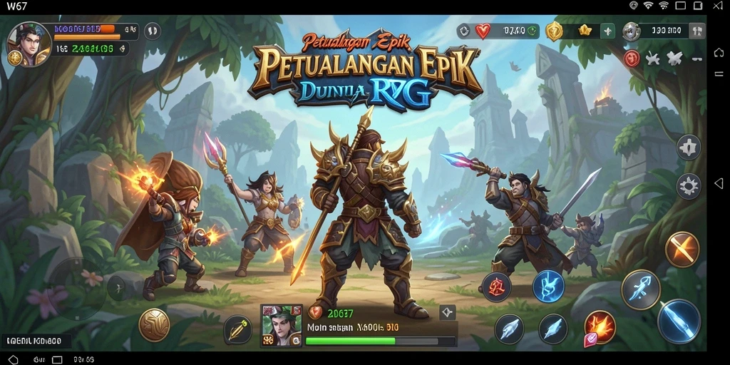 Tampilan gameplay epik W67 dalam dunia RPG yang penuh warna.